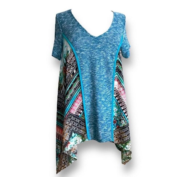 Poeme by Citron Womens Tunic Top Sz Medium Blue Mixed Media Knit Sharkbite Hem - Picture 4 of 7